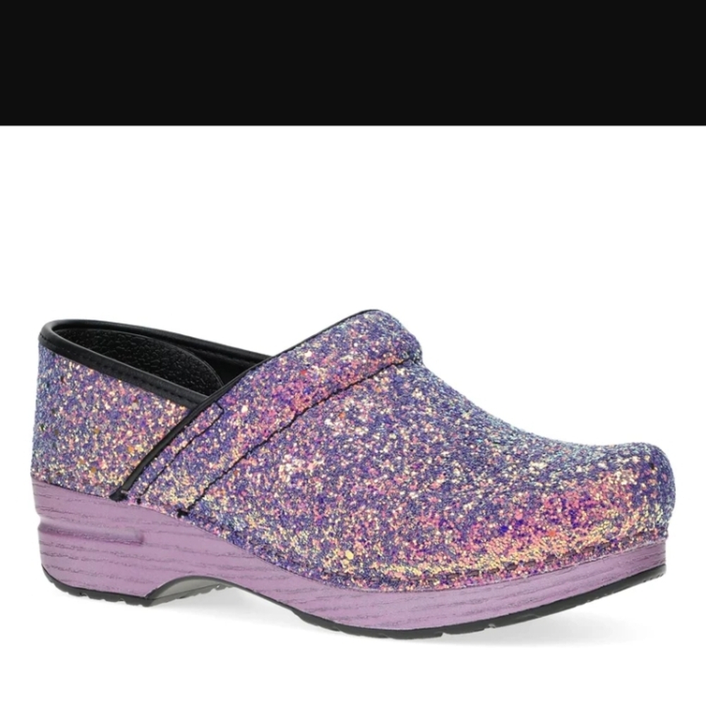 Dansko Purple and Gold Mules with Glitter Finish